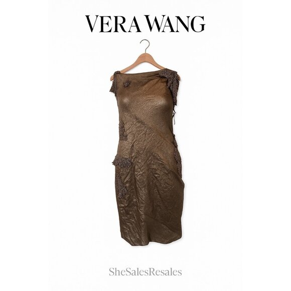 Vera Wang Collection Bronze Shimmer Beaded Silk Dress Sz 4 Runway Sample $1895 - Picture 2 of 16